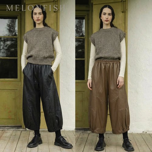 秋冬防风一体绒高腰阔腿灯笼皮裤