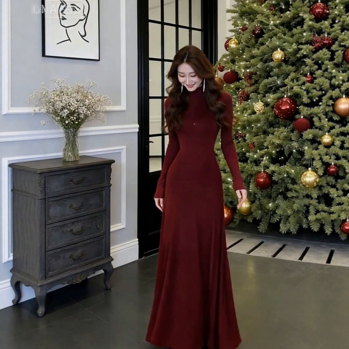【2026圣诞新年战袍】新款复古高领酒红长袖质感简约连衣长裙,女装/女士精品,连衣裙,淘宝优惠券,粉丝福利购,淘宝优惠卷