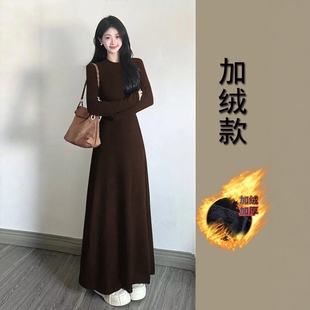长款 2025秋修身 连衣裙女收腰显瘦圆领气质长裙 棉一体绒加厚