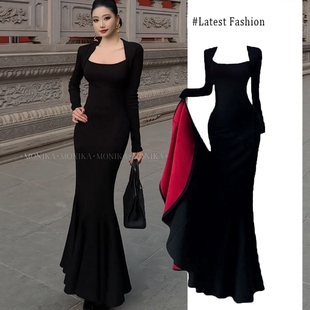 【红底加厚复合绒】秋冬步步生莲方领显瘦百搭包臀鱼尾裙气质长裙