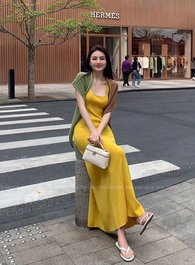 【棉高品质】2026春夏季姜黄色背心连衣裙A字摆长款裙子长裙
