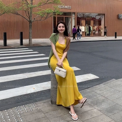【棉高品质】2025春夏季姜黄色背心连衣裙A字摆长款裙子长裙