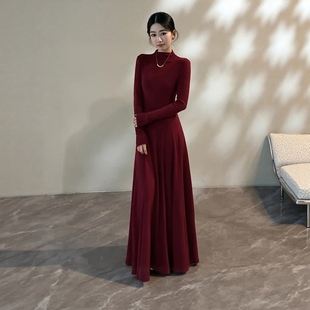 【2025圣诞新年战袍】秋冬新款半高领长袖气质显瘦内搭打底长裙