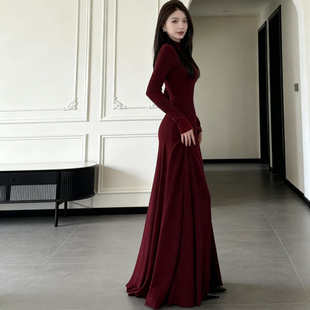 【2026圣诞新年战袍】新款复古高领酒红长袖质感简约连衣长裙