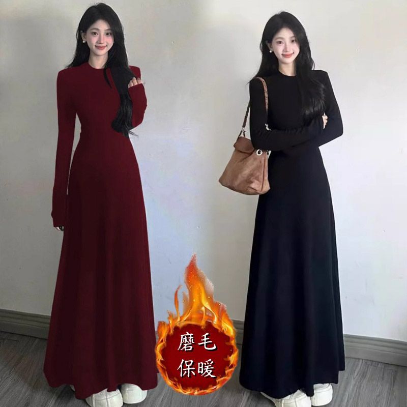 【新年战衣】270克纯棉磨毛安卡拉红修身长款连衣裙女显瘦长裙