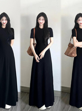 棉高品质2026春夏韩风圆领短袖女连衣裙气质黑色辣妹修身内搭裙子