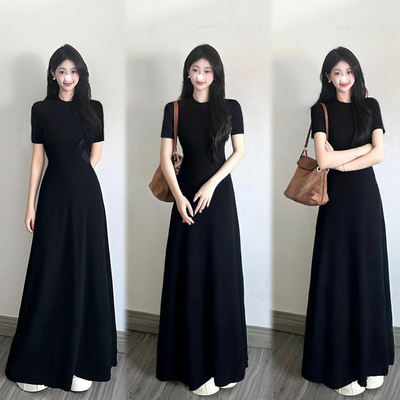 圆领短袖女连衣裙气质黑色裙子