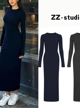 【棉罗纹】2025秋冬藏蓝色圆领长袖连衣裙辣妹修身包臀显瘦长裙女