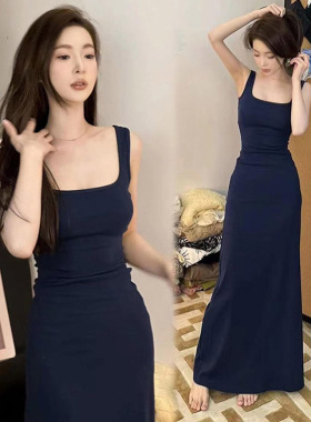 【棉罗纹】蓝色妖姬藏蓝色文文私服方领吊带无袖连衣裙长裙