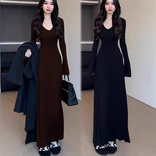 【棉磨毛高品质】咖色长款针织连衣裙细腰喇叭袖时尚收腰修身秋冬