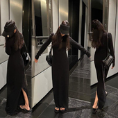 2025早秋自信优雅后开叉连衣裙长袖 棉磨毛高品质 黑色棉质长裙