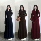 连衣裙女收腰显瘦圆领气质针织裙 长款 270克棉磨毛 2025秋修身