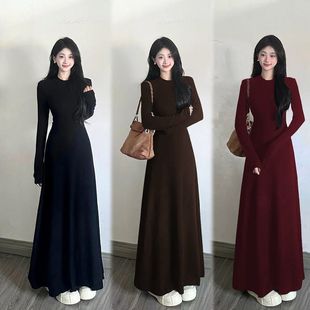 长款 2025秋修身 连衣裙女收腰显瘦圆领气质针织裙 270克棉磨毛