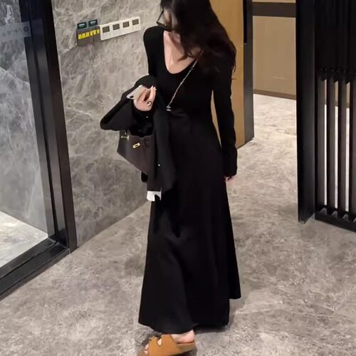棉磨毛极简纯色长袖连衣裙