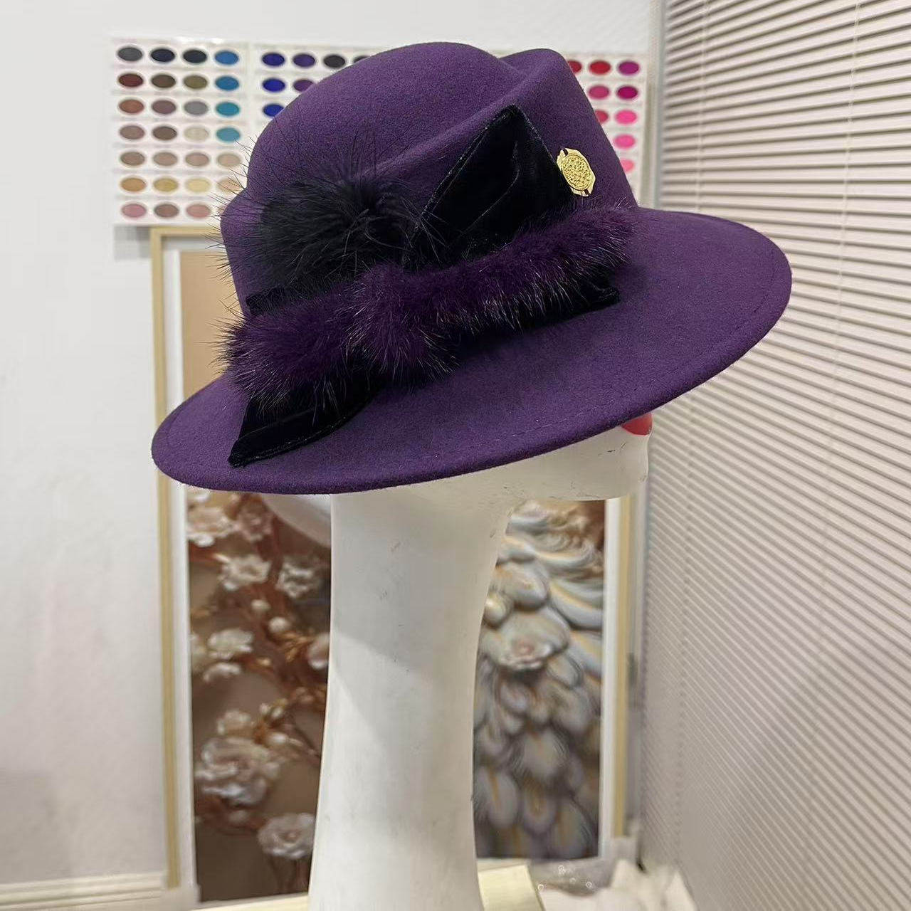 澳洲羊毛高级感帽子水貂富贵百搭女礼帽时尚秋冬渔夫帽保暖蝴蝶结