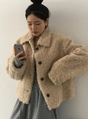 韩国chic冬季时尚减龄翻领单排扣羊羔毛皮毛一体外套棉衣