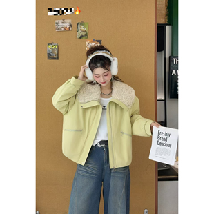 韩版新款拼接羊羔毛领服女冬季2026新款短款小个子爆款外套棉衣