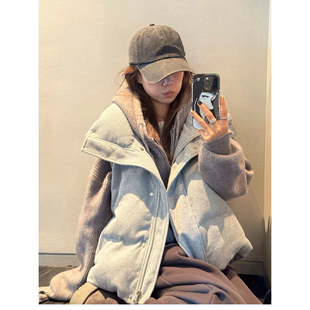 韩版卫衣连帽假两件棉服皮衣学生面包服撞色连帽羽绒棉服女外套