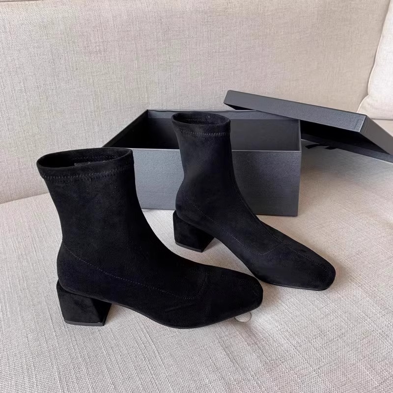弹力瘦瘦靴黑色粗跟高跟短靴女靴