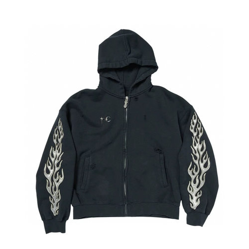 Thug club 25FW 做旧破坏火焰哥特刺绣拼接拉链卫衣帽衫外套纯棉