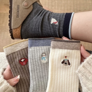 日系双针卡通袜子女春秋款美拉德堆堆袜ins潮中筒袜配勃肯鞋长袜
