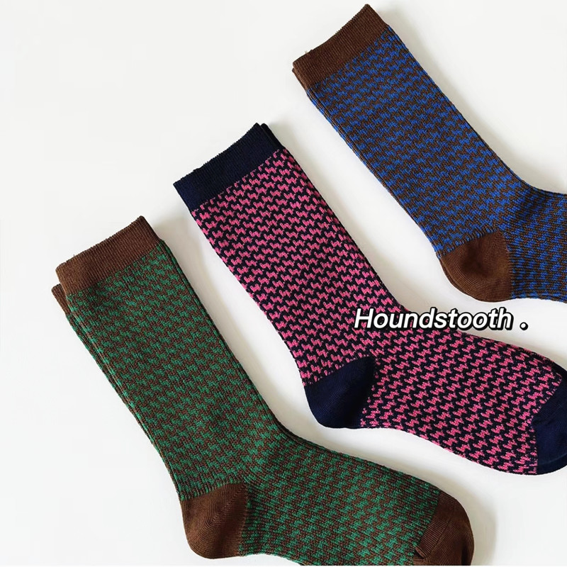 千鸟格纹复古针织双针双路堆堆袜