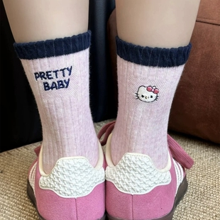 韩版KT猫袜子女日系卡通AB刺绣撞色猫咪字母中筒袜小众甜美堆堆袜