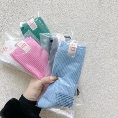 韩国潮牌she字母布标双针甜美中筒袜子男女纯棉ins潮流小众联名袜