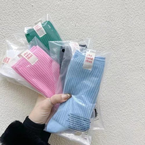 韩国潮牌she字母布标双针甜美中筒袜子男女纯棉ins潮流小众联名袜