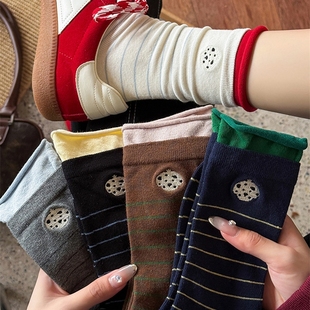 撞色袜子女中筒袜韩系美拉德卷边双罗口卡通刺绣无骨纯棉堆堆袜