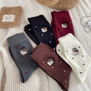 秋冬新款 可爱猫咪刺绣波点袜子女韩系卡通网红中筒袜子纯棉堆堆袜