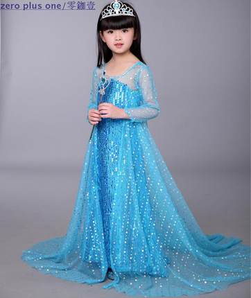 特价爱莎冰雪奇缘女童连衣裙子拖尾纱cosplay六一节目表演服饰出