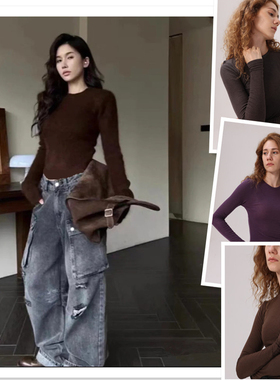 小喜家Hanes x Karla 2025春季新款圆领紧身羊绒衫针织打底衫T恤