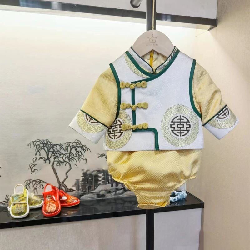 男宝宝一周岁礼服婴儿生日抓周宴会国风男童唐装包屁衣夏季新款