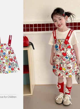 ins夏款女童宝宝凯蒂猫满印背带裙儿童萌趣气质港风卡通连衣裙