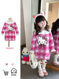 韩版秋冬女童宝宝玫粉凯蒂猫爱心翻领毛衣裙甜美卡通针织连衣裙