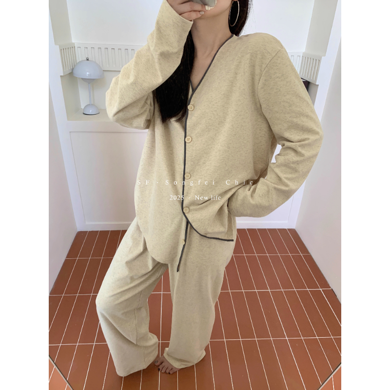 慵懒风睡衣女灰边长袖开衫家居服