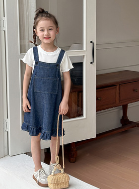 Ambb艾摩贝贝女童2024夏季新品儿童花边牛仔裙套装