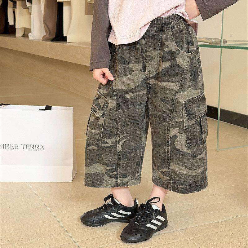 艾摩贝贝男女童春夏季裤子儿童韩版时髦休闲帅气工装迷彩七分裤