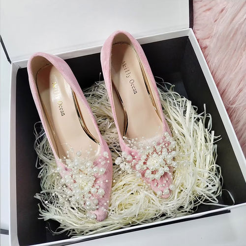 女韩手工珠花粉色单鞋反串大码