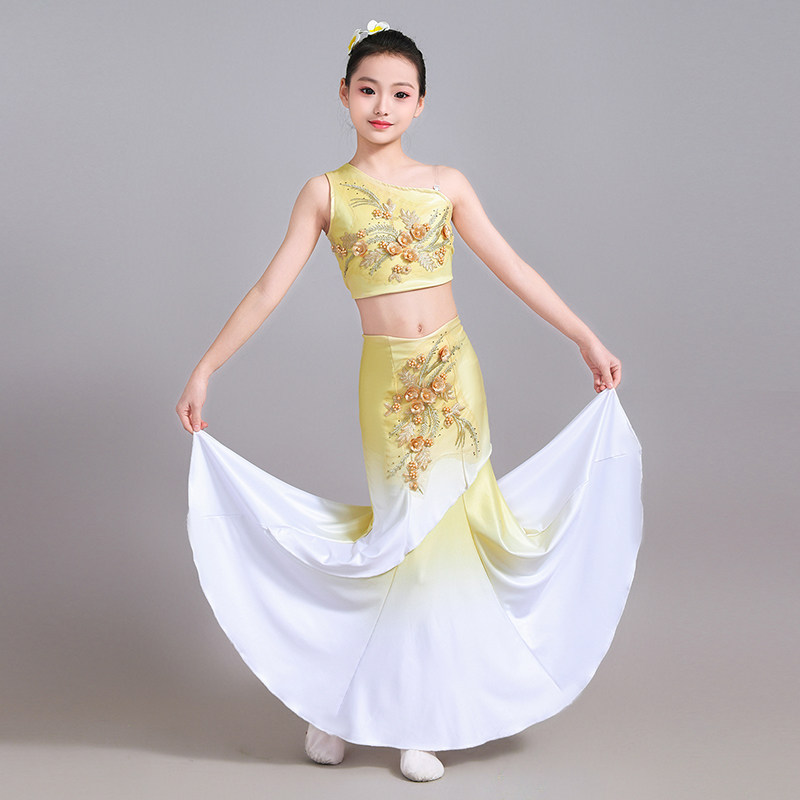 新款儿童傣族舞蹈演出服女童孔雀舞包臀鱼尾裙少儿优质民族表演服