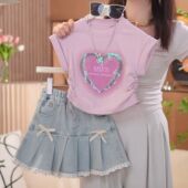 女童夏季 T恤牛仔百褶短裙两件套潮 洋气亮片爱心短袖 套装 2025新款