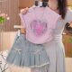 女童夏季 T恤牛仔百褶短裙两件套潮 洋气亮片爱心短袖 套装 2025新款