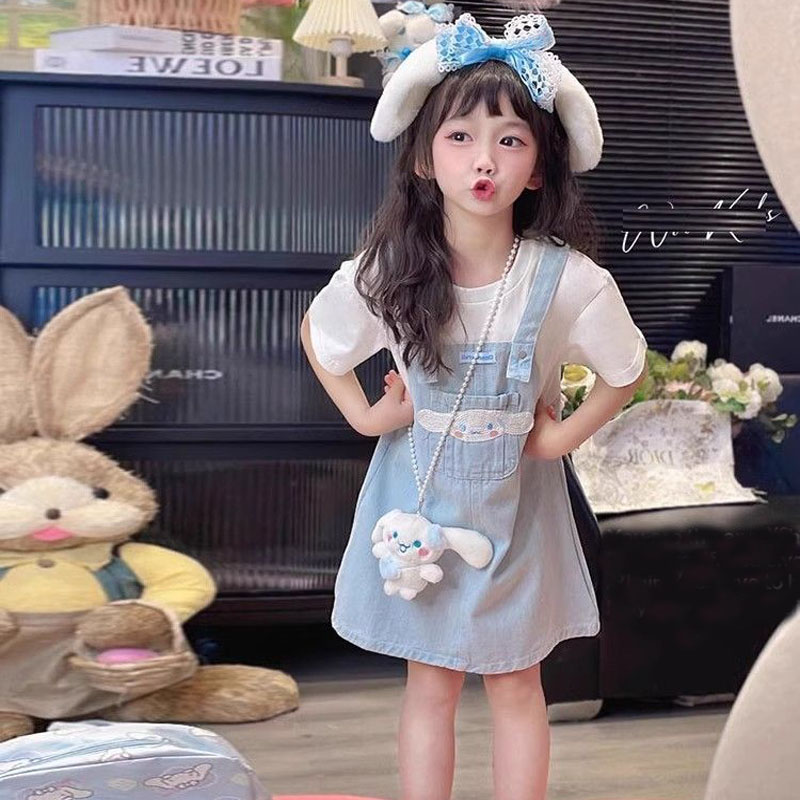 女童牛仔背带裙夏季短袖假两件公主裙2025夏装洋气新款儿童裙子潮