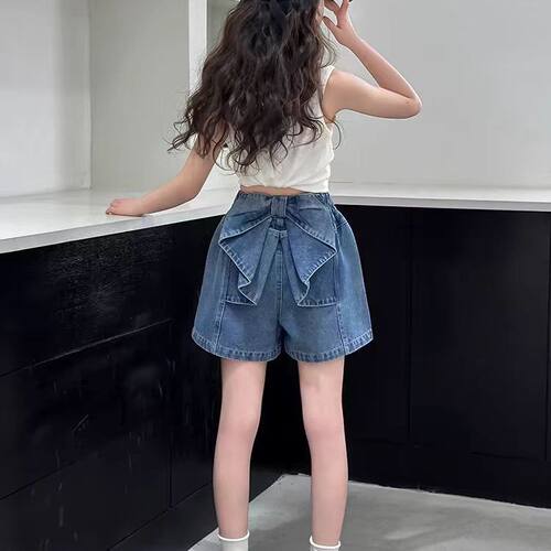 女童牛仔短裤夏季蝴蝶结外穿潮