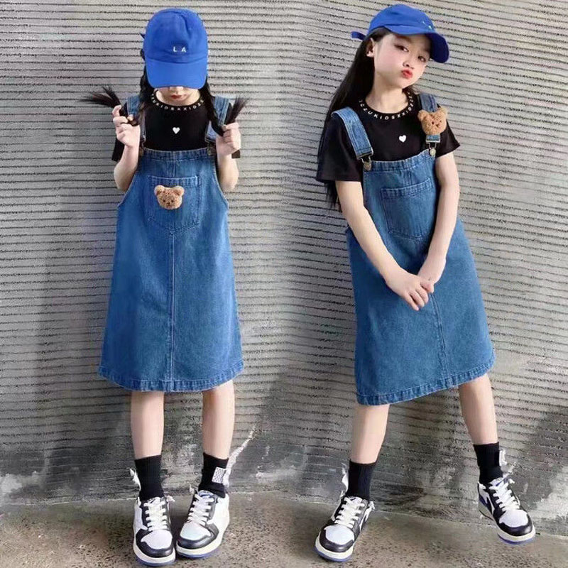 女童背带裤裙2025夏季新款时髦牛仔裙裤中大童休闲网红短袖套装潮