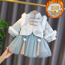 Китайский традиционный наряд для детей 拜年服女童汉服儿童秋秋冬公主裙加绒旗袍中国风加厚连衣裙唐装