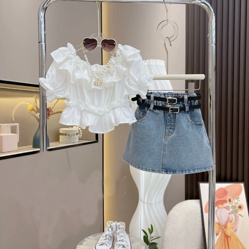 女童套装2025夏季新款时髦网红女宝宝短袖上衣牛仔套裙洋气两件套