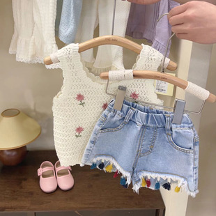 小童背心女童牛仔短裤 女宝宝套装 韩版 2026新款 儿童两件套 夏季