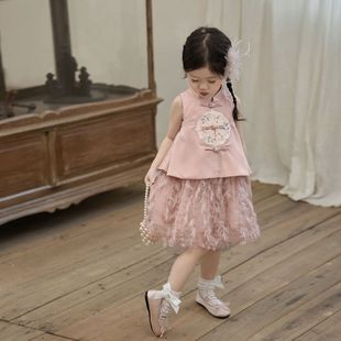 女童套装夏季2025新款女宝宝小童无袖上衣礼服薄儿童裙子两件套